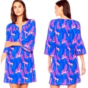 Lilly Pulitzer Dress Teigan Dazzle Zebra Large Bell Sleeve Blue Pink Pima Cotton